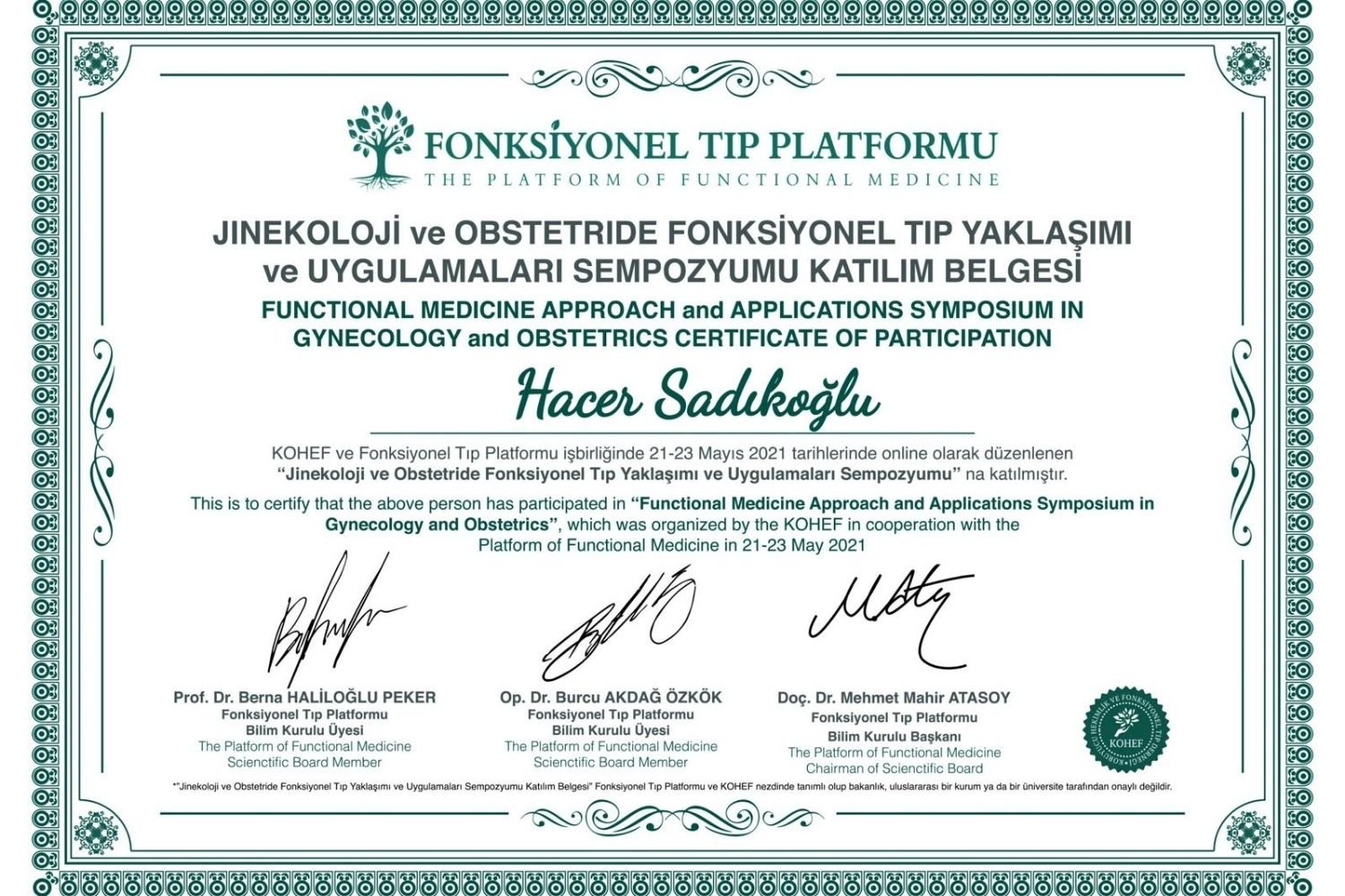 Fonksiyonel Tıp Platformu Belgesi