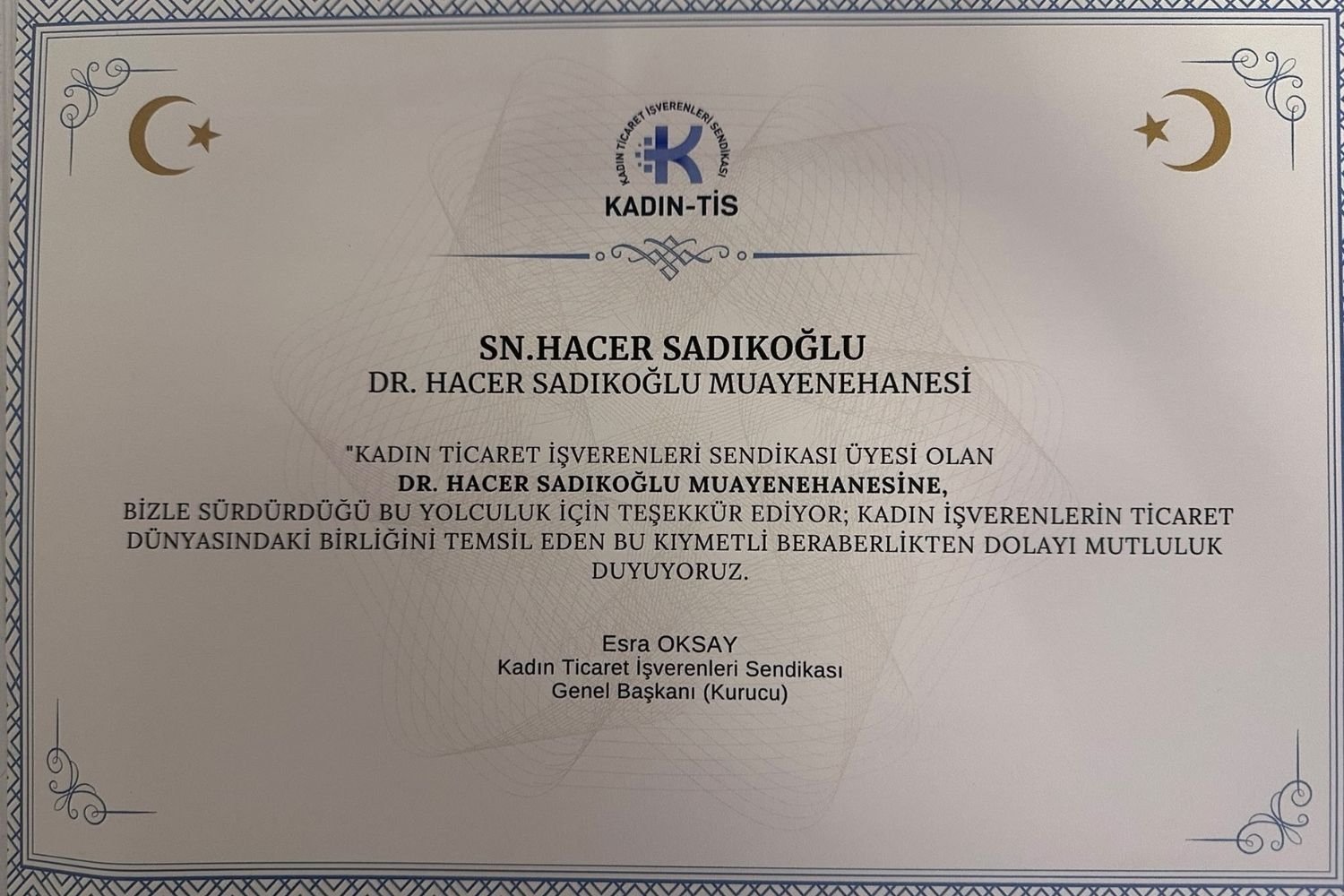 Kadın Ticaret İşverenleri Sendikası Belgesi
