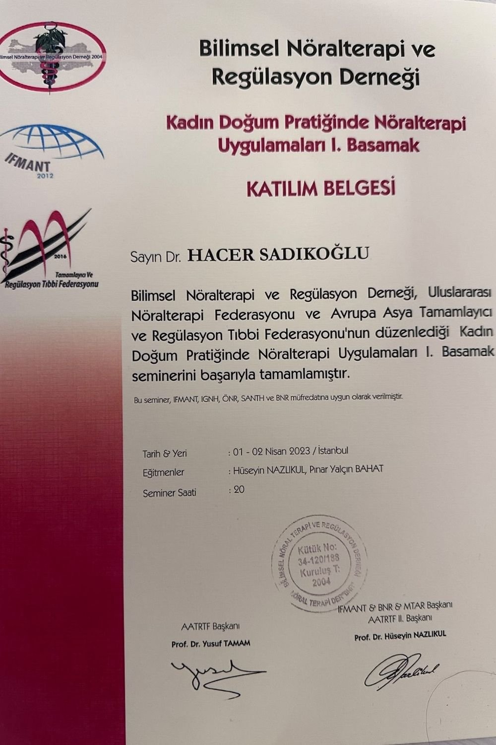 Bilimsel Nöralterapi Katılım Belgesi 2
