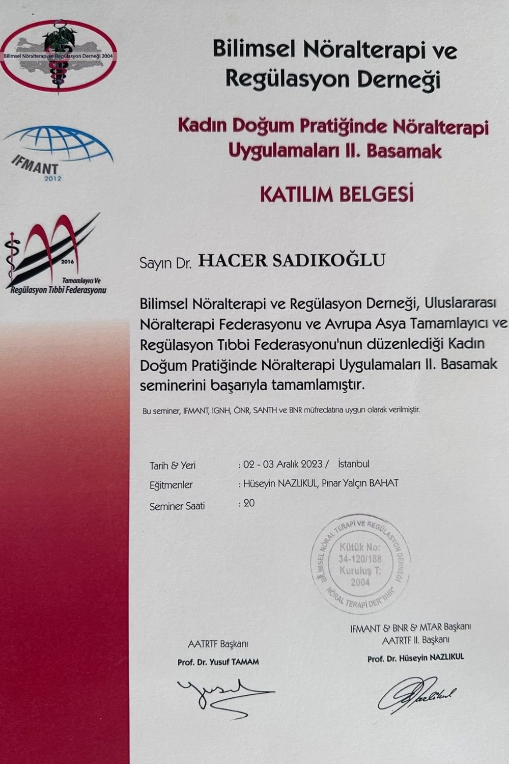 Bilimsel Nöralterapi Katılım Belgesi