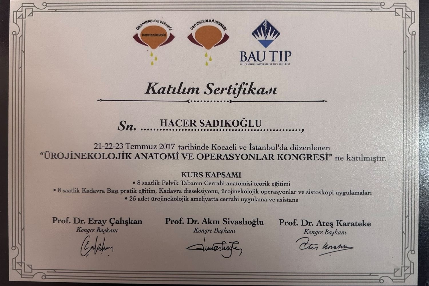 Bahçeşehir Üniversitesi Tıp Fakültesi Katılım Sertifikası