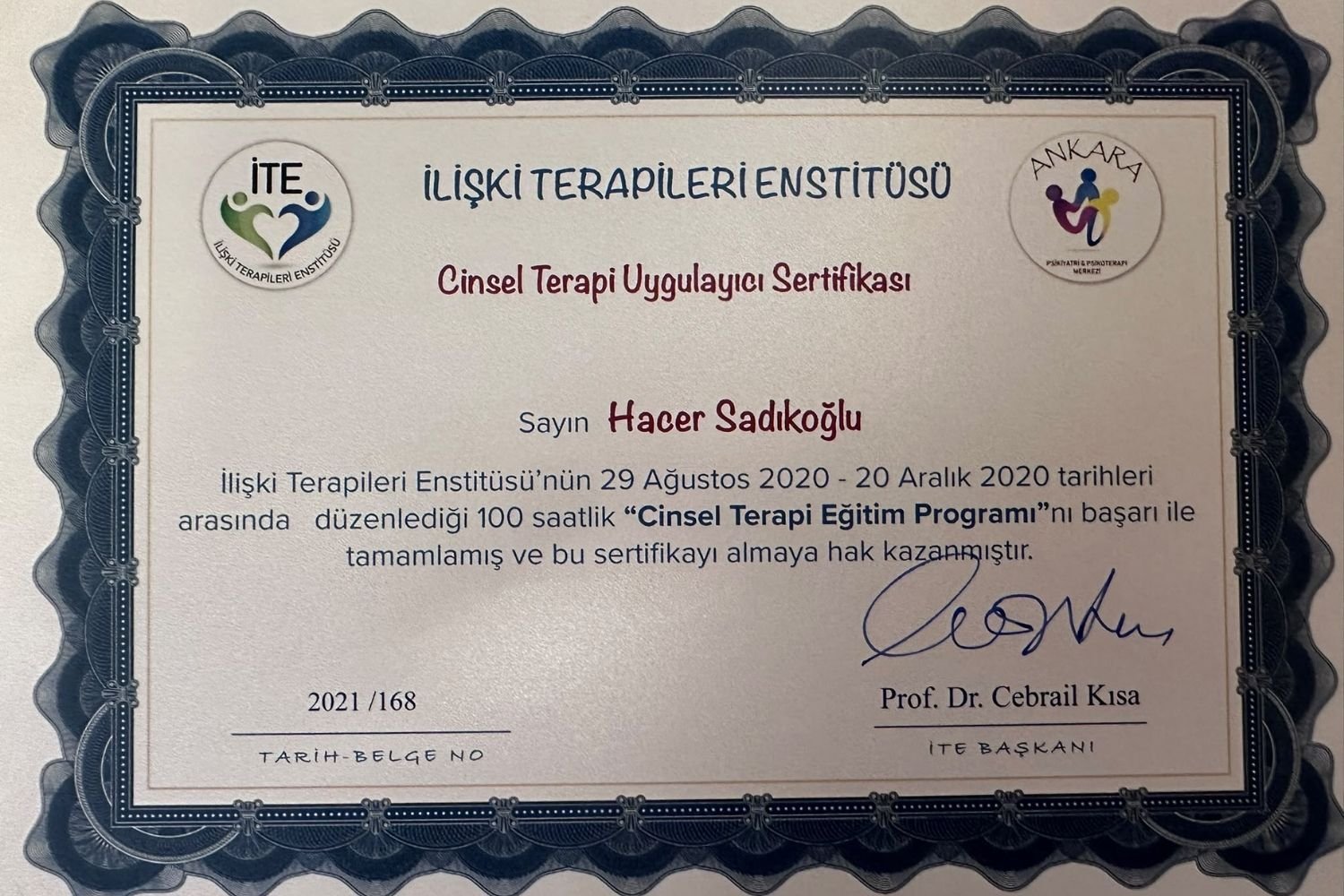 İlişki Terapileri Enstitüsü Uygulayıcı Sertifikası