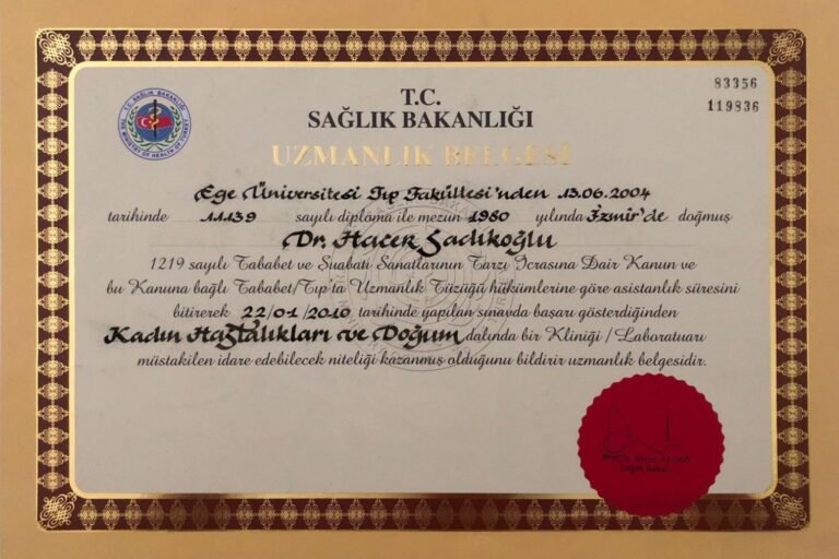 Uzmanlık belgesi — Op. Dr. Hacer Sadıkoğlu